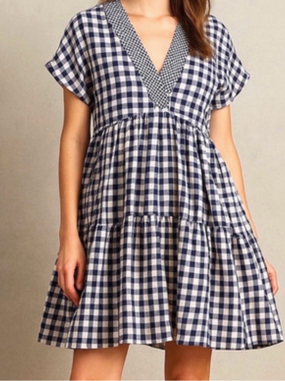 Anthropologie 11.1 Tylho Gingham Tiered Dress XS Navy White V-Neck NWT